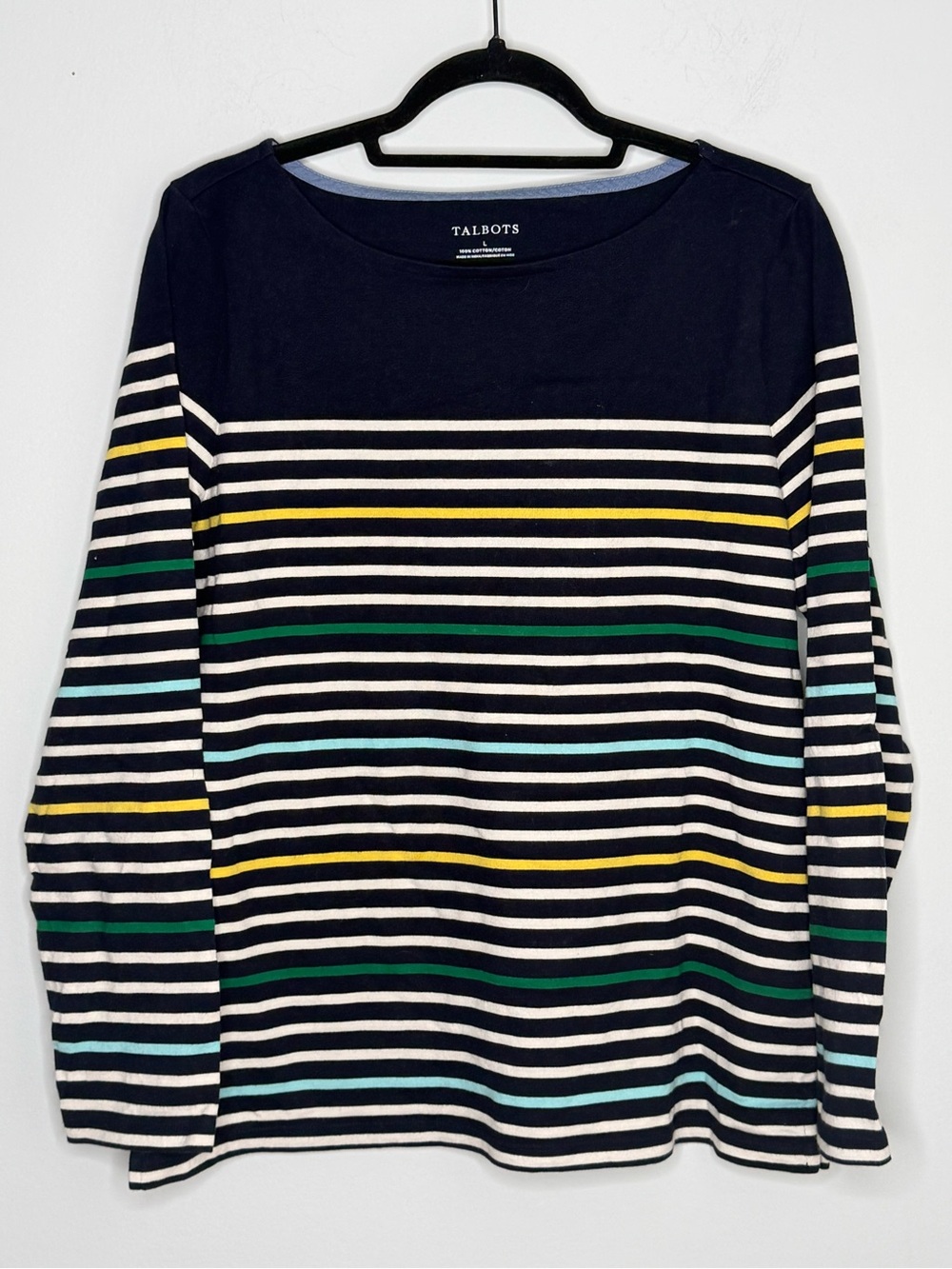 Talbots Navy/White/Green/Yellow Striped Boat Neck Long Sleeve Cotton Top L